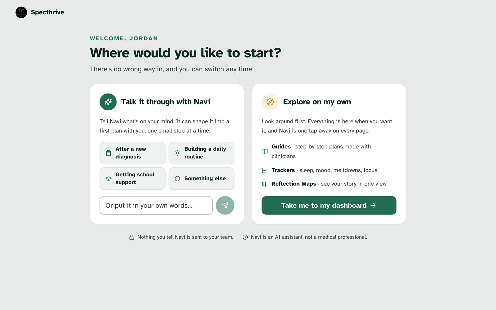 The Where would you like to start screen, with Talk it through with Navi on the left and Explore on my own on the right