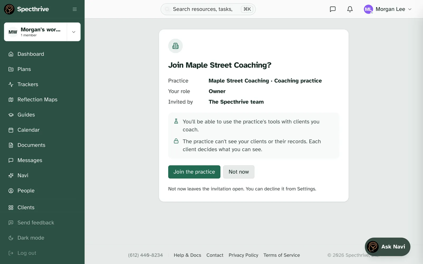 The invitation page asking Join Maple Street Coaching?, with the practice, the Owner role, Invited by The Specthrive team, the two promises, and the Join the practice and Not now buttons