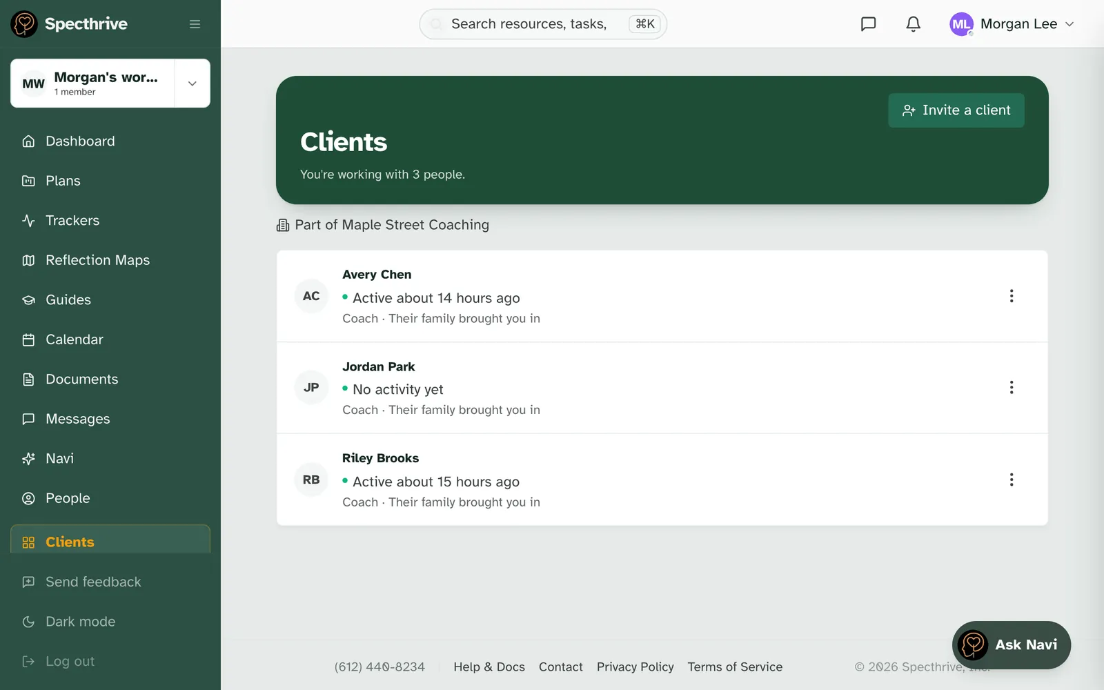 The Clients page with the line Part of Maple Street Coaching under the header, above the list of clients