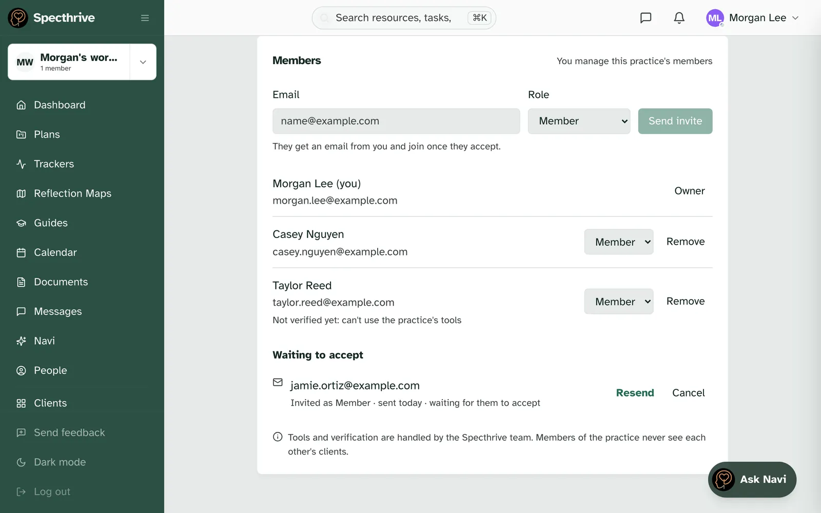The Members section: the invite form with Email, Role and Send invite, then Morgan Lee (you) as Owner, Casey Nguyen and Taylor Reed as Members with Remove, Taylor marked Not verified yet, and jamie.ortiz@example.com under Waiting to accept with Resend and Cancel