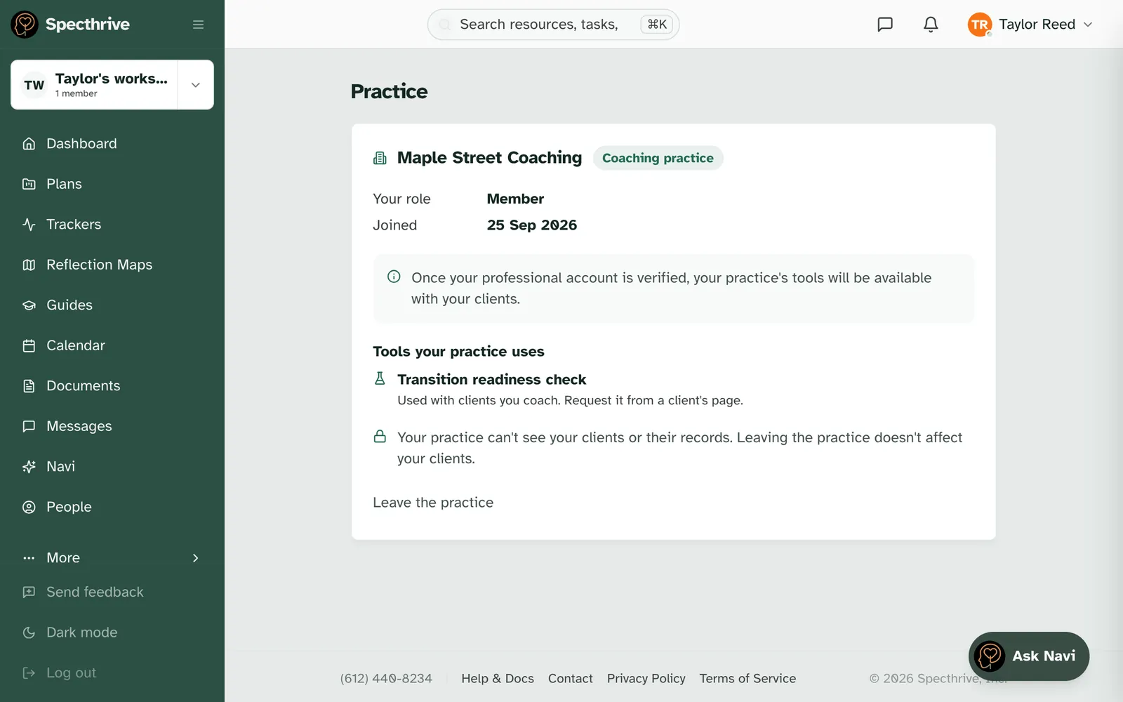 Settings, Practice, for a member who isn't verified yet, with the note: Once your professional account is verified, your practice's tools will be available with your clients.