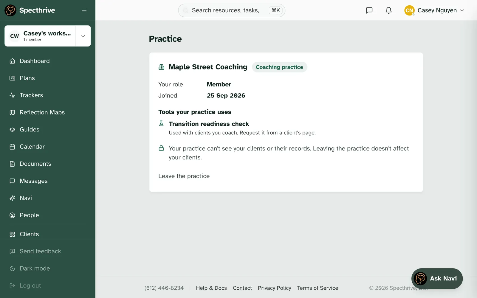 Settings, Practice, for a member of Maple Street Coaching, showing the Member role, the joined date, the Transition readiness check under Tools your practice uses, the privacy line, and Leave the practice