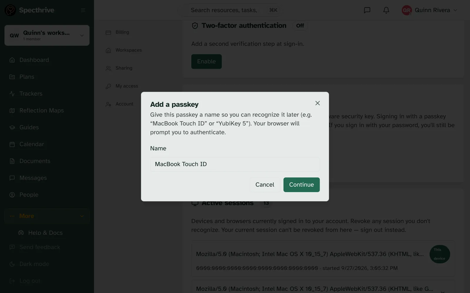 The Add a passkey window, with the name MacBook Touch ID and the Continue button