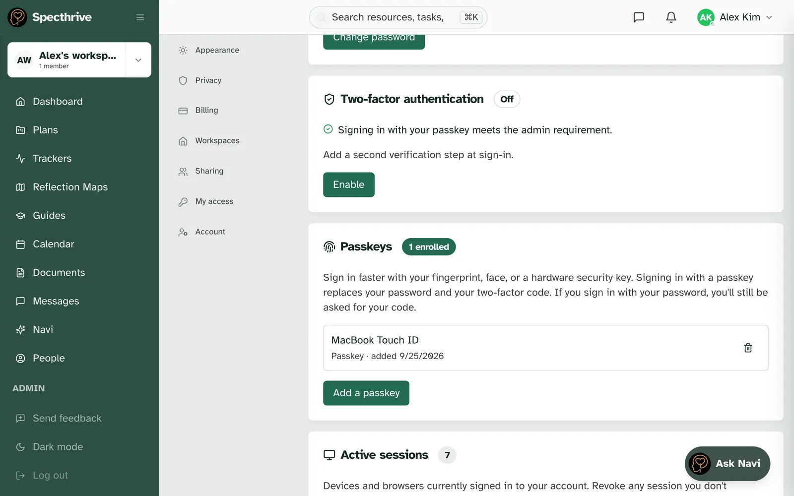 The Two-factor authentication card for an admin, marked Off, with the line: Signing in with your passkey meets the admin requirement. Below it, the Passkeys card with one passkey