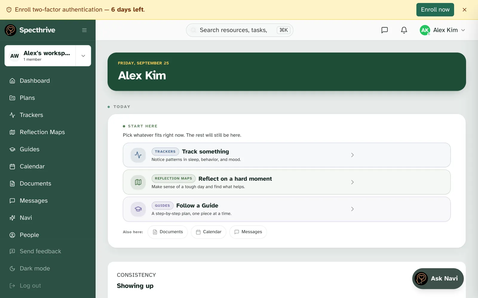 The reminder at the top of the page for an admin, with 6 days left and the Enroll now button