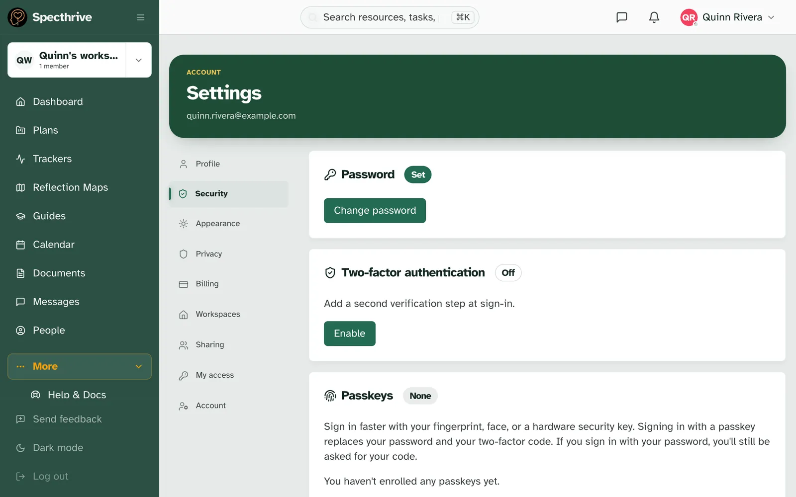 Settings, Security, with the Password card marked Set, Two-factor authentication marked Off with Enable, and the Passkeys card below