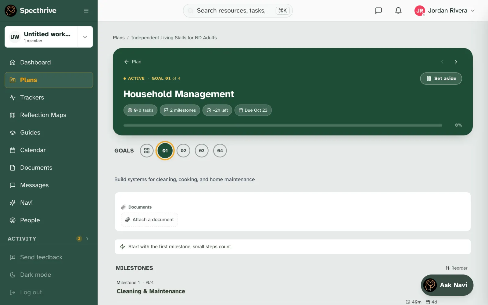 A goal page for Household Management, active, with 0 of 8 tasks done, two milestones and a progress bar