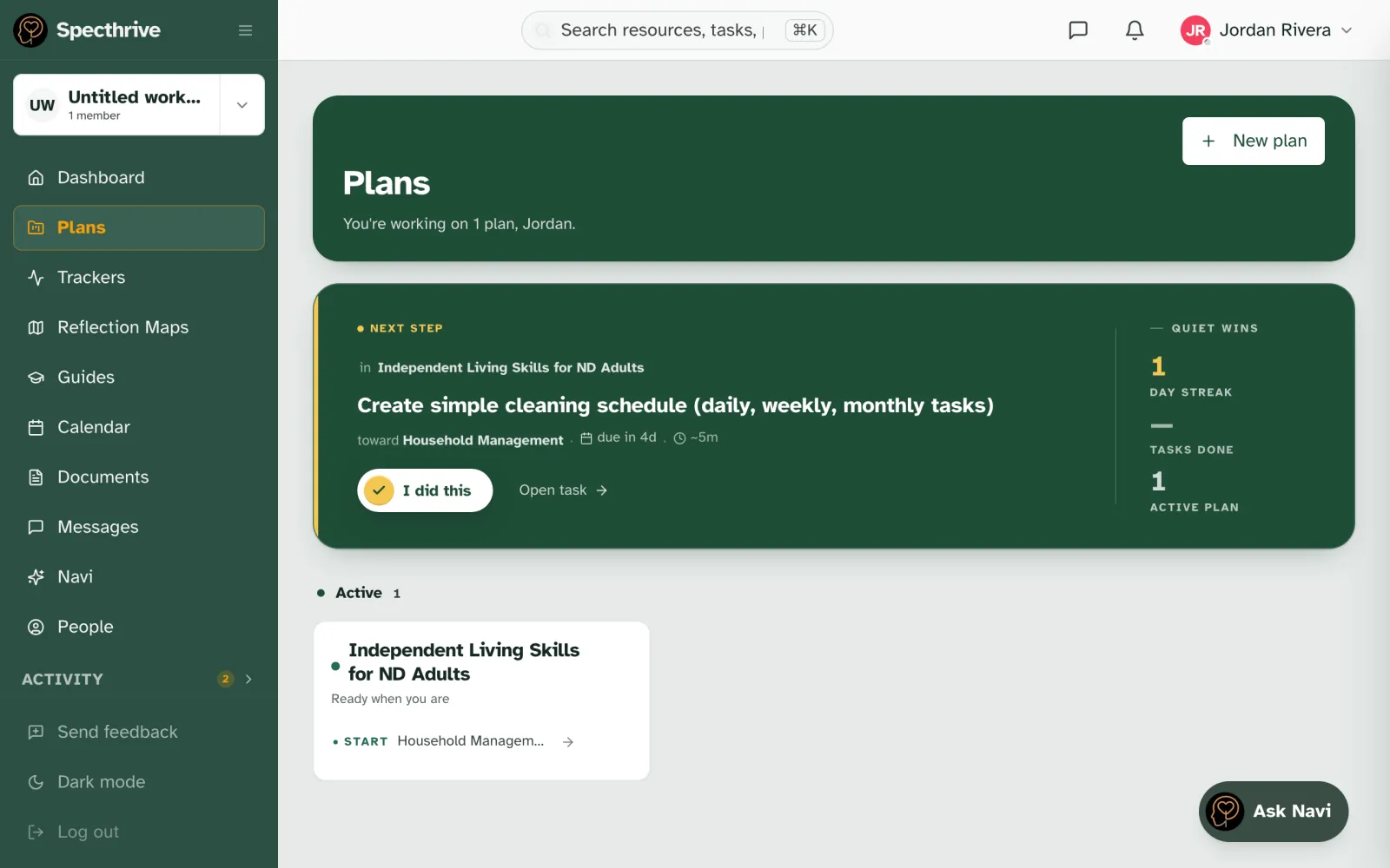 The Plans page with a Next Step card for Create simple cleaning schedule, an I did this button, and Quiet wins beside it